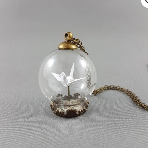 Glass Terrarium Origami Crane Necklace